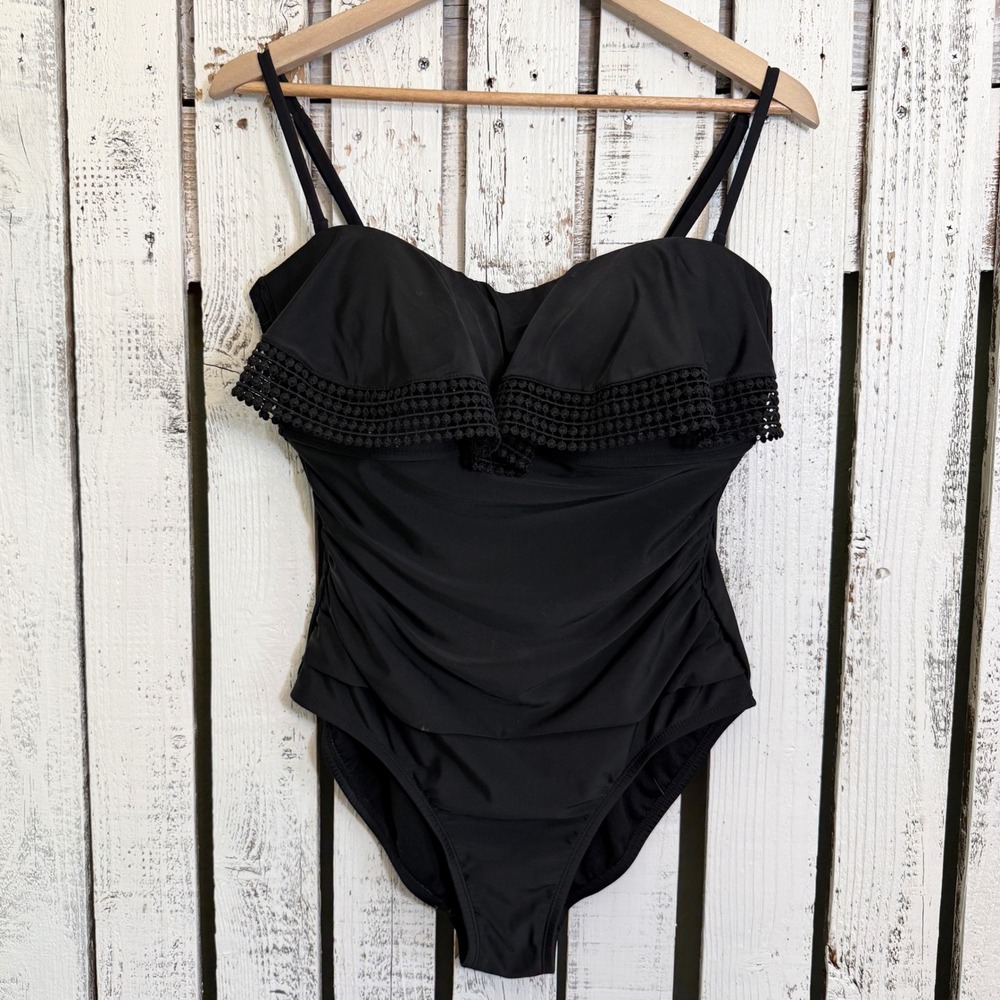Black Ruched One Piece Swimsuit Women L Crochet Ruffle No Slip Flattering Staple